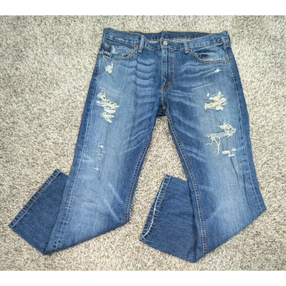 Levis 527 Jeans Mens 36x30 Bootcut Medium Wash Distressed Blue Cotton Boot Cut
